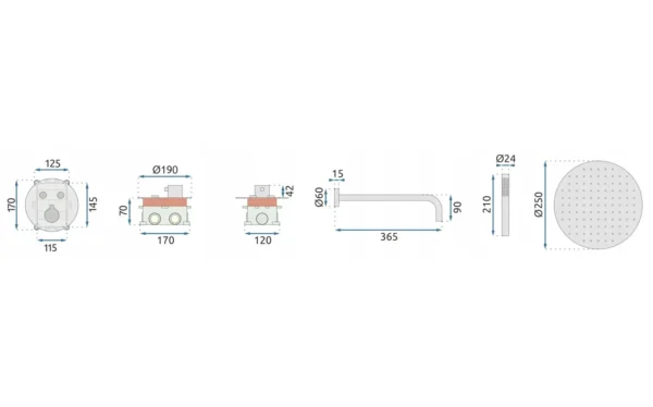 SET DE DUȘ INCASTRAT LUNGO COPPER+TERMOSTAT